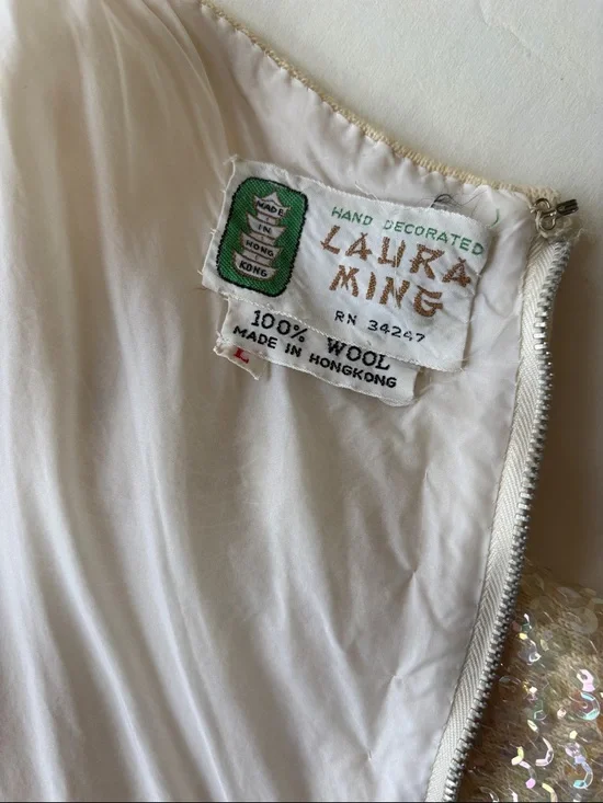 Vintage 60’s Beaded Sequins Cream Pastel Large Wool Embellished Bridal 50’ Large - Picture 16 of 17